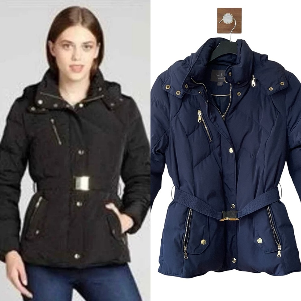 Cole Haan Women's Belted Waist Hooded Down‎ Puffer Jacket in Ink